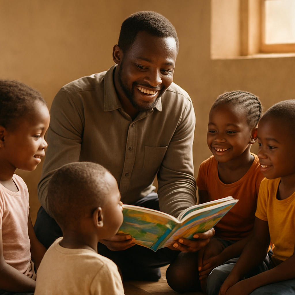 A church leader reading a storybook to a circle of attentive children