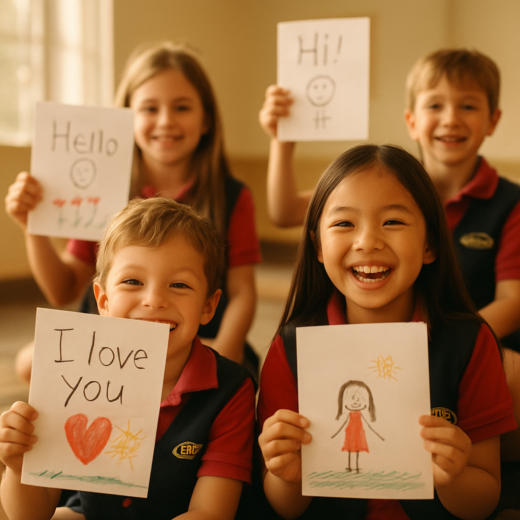 Children sharing letters and drawings with a partner club far away