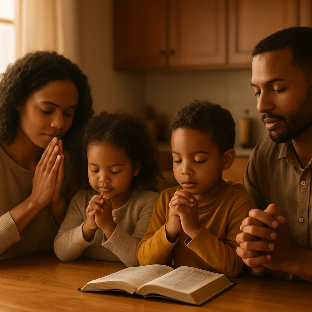 A family praying and reading together at the kitchen table