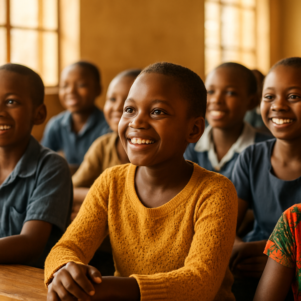 Children smiling together in a bright classroom
