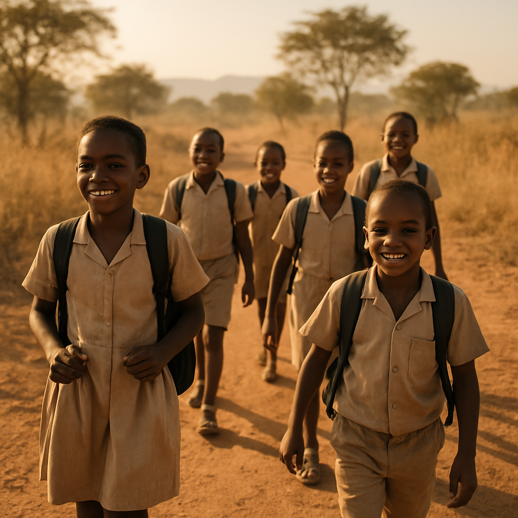 Children walking together to school in the morning light