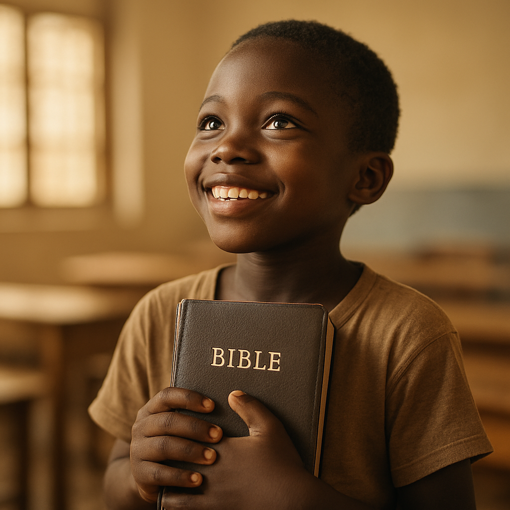 A hopeful child holding a storybook close in a bright classroom
